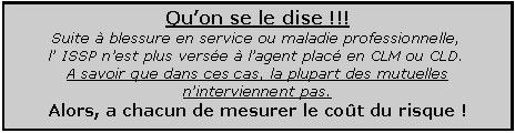 Zone de Texte: Qu�on se le dise !!!Suite � blessure en service ou maladie professionnelle,                   l� ISSP n�est plus vers�e � l�agent plac� en CLM ou CLD.A savoir que dans ces cas, la plupart des mutuelles                 n�interviennent pas.Alors, a chacun de mesurer le co�t du risque !
